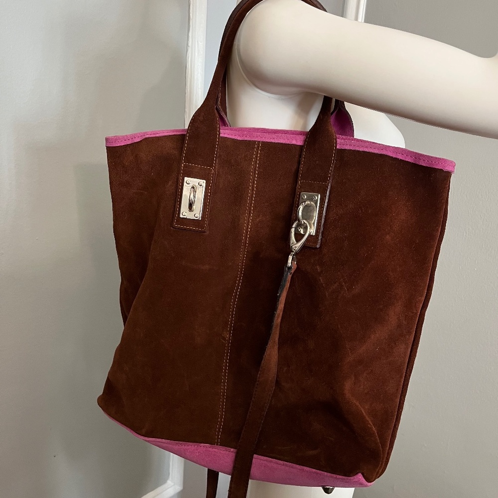 PULICATI XL Italy Shoulder Shopper Travel Tote Bag Brown Pink Suede Leather 2